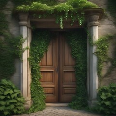 Fototapeta na wymiar A rustic wooden door covered in ivy, leading to an overgrown garden3
