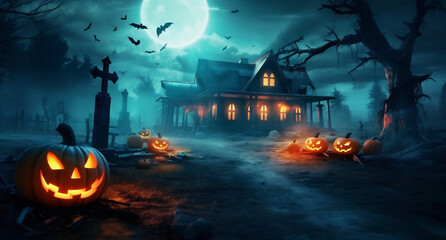 Fototapeta na wymiar halloween cemetery horror bat dark grave night pumpkin holiday moon. Generative AI.