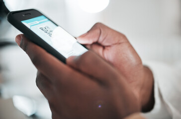 Doctor, hands and code on screen of phone with mobile app, test results and click online for vaccine verification or information. Scroll, cellphone and healthcare website, ux and medical barcode