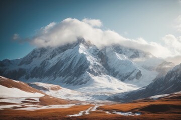 Fototapeta premium Majestic Winter Mountain Range at Sunrise with Snowfall and Panoramic Sky
