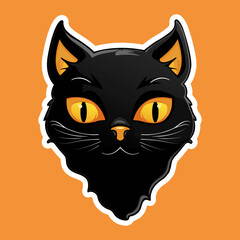 Vector illustration of magical Witch Black Cat with white outline for print stickers on orange background. Holiday funny spooky character. Groovy boho magic design. Hand drawn Halloween vibes clipart.