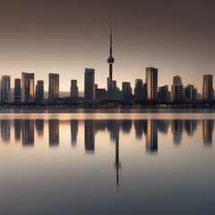 Fototapeta premium A symmetrical reflection of a city skyline in a calm, glassy lake3