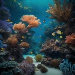 Naklejka na ściany i meble A surreal underwater scene with bioluminescent creatures and coral reefs2