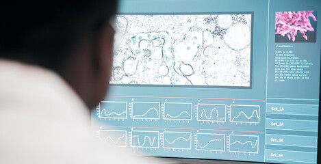 Computer screen, medical and research with scientist, bacteria and data analysis with experiment...