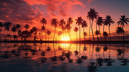 Fototapeta na wymiar Coconut palm trees on tropical beach at golden sunset with shining sun