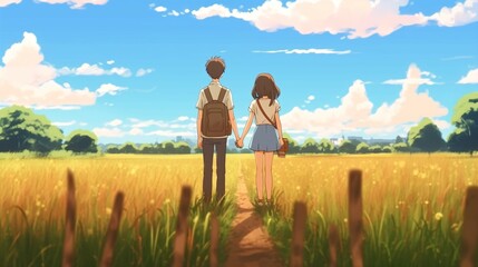 Naklejka premium Anime Sunshine Two Smiling Figures Holding Hands in a Sunny Summer Field.