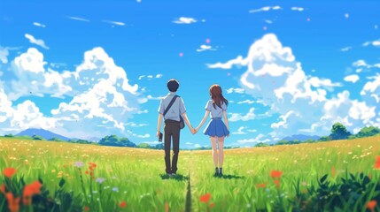 Fototapeta premium Anime Sunshine Two Smiling Figures Holding Hands in a Sunny Summer Field.