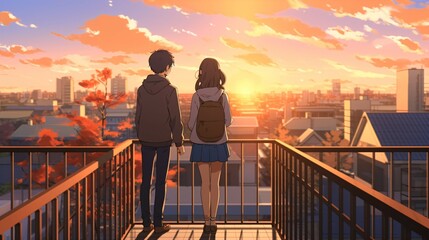 Fototapeta premium School Balcony Romance of Anime Boyfriend and Girlfriend in Love.