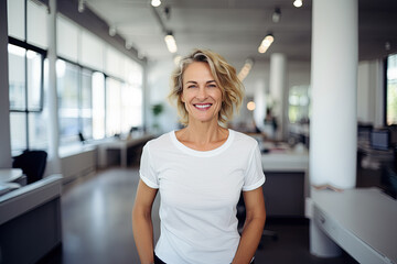 Fototapeta premium A smiling European woman in her mid-thirties or forties with blonde hair wearing a blank white t-shirt standing on a blurred background of a large empty office. Mock-up for design. Blank template.