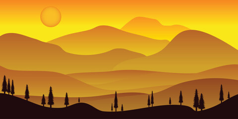Fototapeta na wymiar Vector Landscape of yellow mountain illustration with tree silhouettes 