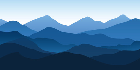 Vector illustration of blue mountain landscape design background, silhouettes, view, flat design 