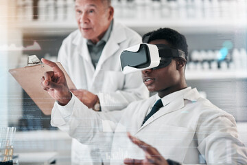 Scientist, team and VR or futuristic glasses for laboratory research, data analytics or healthcare...