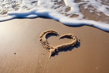 Obraz premium Heart shape drawn in the sand on beach with wave