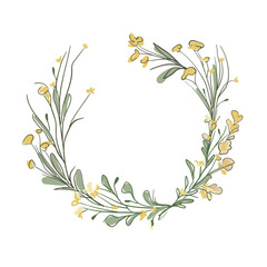 Spring yellow wreath on white background. Wildflowers collection. Floral minimal design. Botanical vector illustration. 