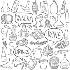 Wine Drink Doodle Icons. Hand Made Line Art. Winery Clipart Logotype Symbol Design.