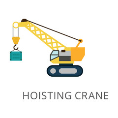 Side view of yellow hoisting crane flat vector icon. Cartoon drawing or illustration of heavy machinery or equipment for construction work on white background. Industry, technology concept