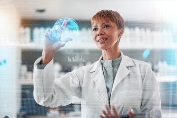 Woman, medical and research with hologram, futuristic or check results with connection, chemistry or digital app. Person, scientist or future with data analysis holographic or overlay with experiment