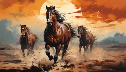 Wild West illustration with horses. A herd of horses against the background of the sunset. Generative AI