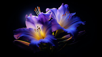 bright blue and violet flowers that are in bloom, in the style of realistic lighting