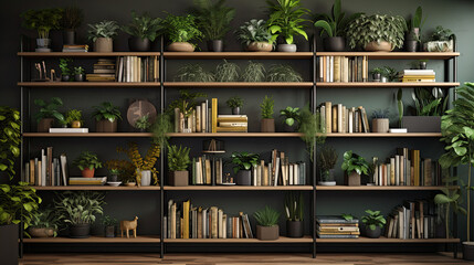 A contemporary-style bookshelf adorned with plants that serves as a modern decorative element for...