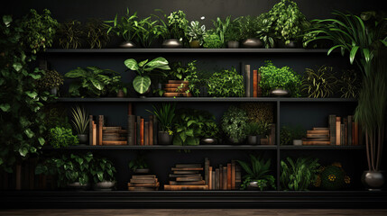 A contemporary-style bookshelf adorned with plants that serves as a modern decorative element for virtual office backdrops