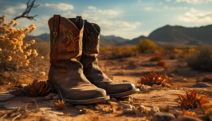 Cowboy boots in the desert. The concept of the wild west. Sunset. Generative AI
