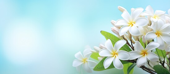 Blur style banner or card background with colorful spring flowers including Frangipani and Plumeria isolated pastel background Copy space