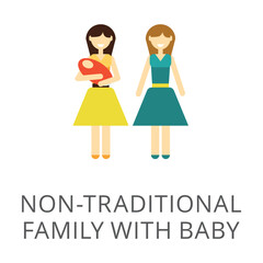 Young homosexual couple with newborn baby isolated on white. Colored flat vector icon of family with child. Human relationship concept