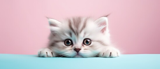 Lonely kitten on a isolated pastel background Copy space - obrazy, fototapety, plakaty