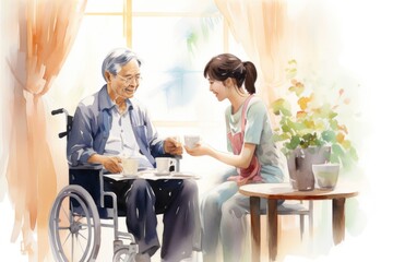 Fototapeta na wymiar illustration of young asian caregiver helping a senior at home.