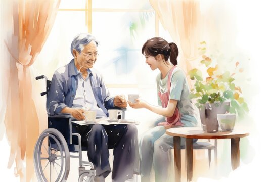 illustration of young asian caregiver helping a senior at home.