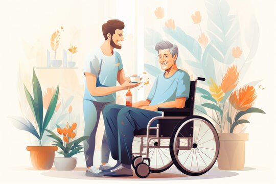 illustration of young caregiver helping a senior at home.