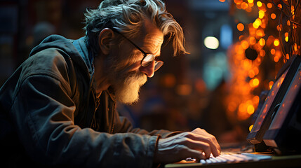 Fototapeta premium Old man works on computer