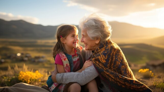 Joyful Moments in the Mountains: A Happy Grandmother and Her Granddaughter Engage in Heartfelt Conversation while Sitting on the Grassy Slope at Sunset. Generative ai.
