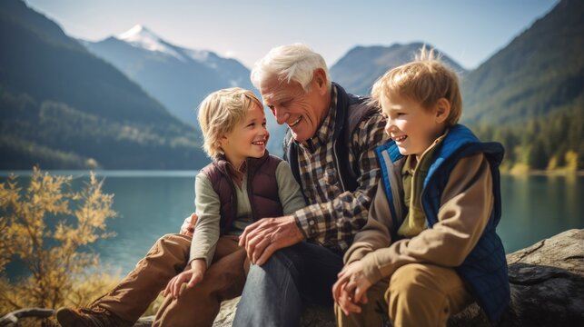 Mountain Lake Serenity: Grandfather and Grandchildren Share a Peaceful Lakeside Moment, Gazing Gracefully at the Camera. Generative ai.