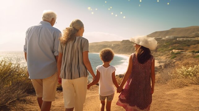 Grandparents with grandson and granddaughter walking on the beach at sunset. Generative ai.