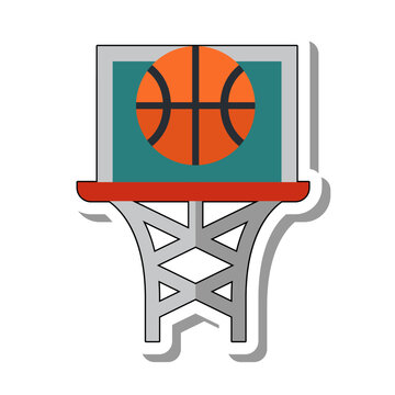 Basketball ball falling flat paper sticker icon. Hoop net and backboard, sports equipment for active sports and body strengthening isolated on white background. Sport, healthy lifestyle concept