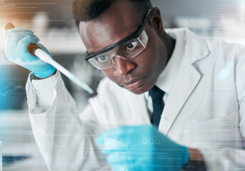 Fototapeta premium Black man, scientist and pipette for medical science research, medicine pharmacy or dna blood engineering. Study, dropper or equipment in healthcare analytics test or future vaccine innovation