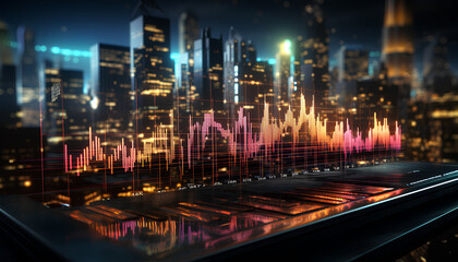 Fototapeta na wymiar 3D diagram on the background of the night city. Generative AI