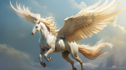 Winged horse pegasus flies against the sky