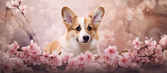 Puppy of a Welsh corgi pembroke amidst flowers isolated pastel background Copy space