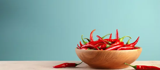 Fotobehang Red chili pepper in wooden bowl isolated on a isolated pastel background Copy space © HN Works