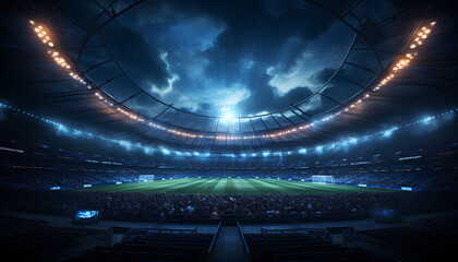 Football stadium with spotlights. Background for matches. Generative AI