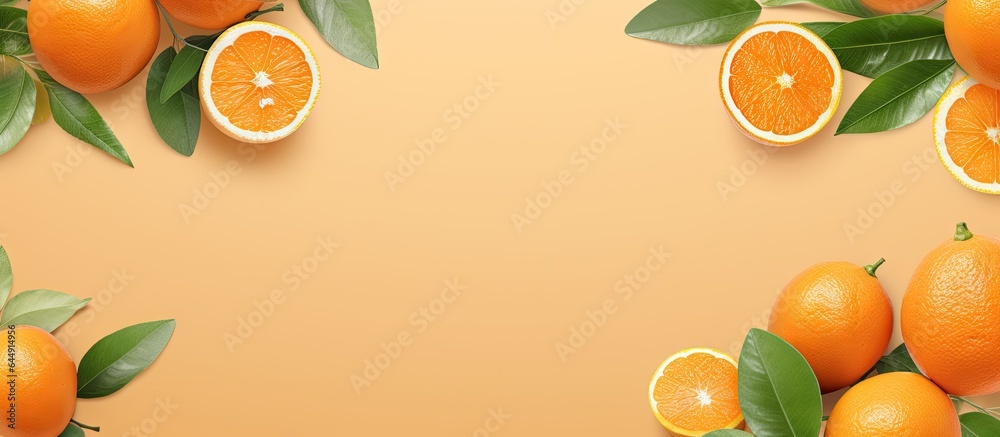 Poster mandarin or tangerine slices with leaves on isolated pastel background copy space flat lay top view 