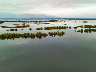 Consequences of the explosion of the Kakhovka Hydroelectric Power Plant. Flooded villages and houses, top aerial view. Exclusive drone footage. Kherson region Ukraine. Russo-Ukrainian War