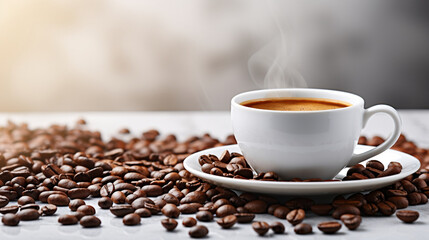 Fototapeta premium Tempting cup of steaming coffee served with lots of roasted coffee beans scattered on the table