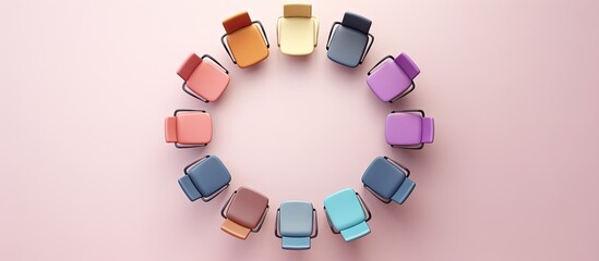 A set of office chairs shown in a 3D image isolated pastel background Copy space