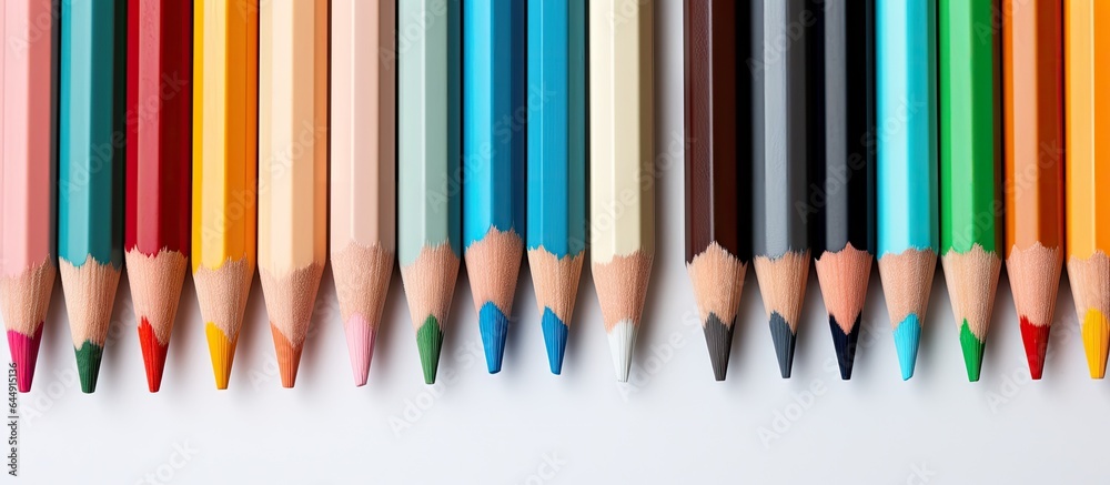 Poster close up image of colored pencils on a isolated pastel background copy space