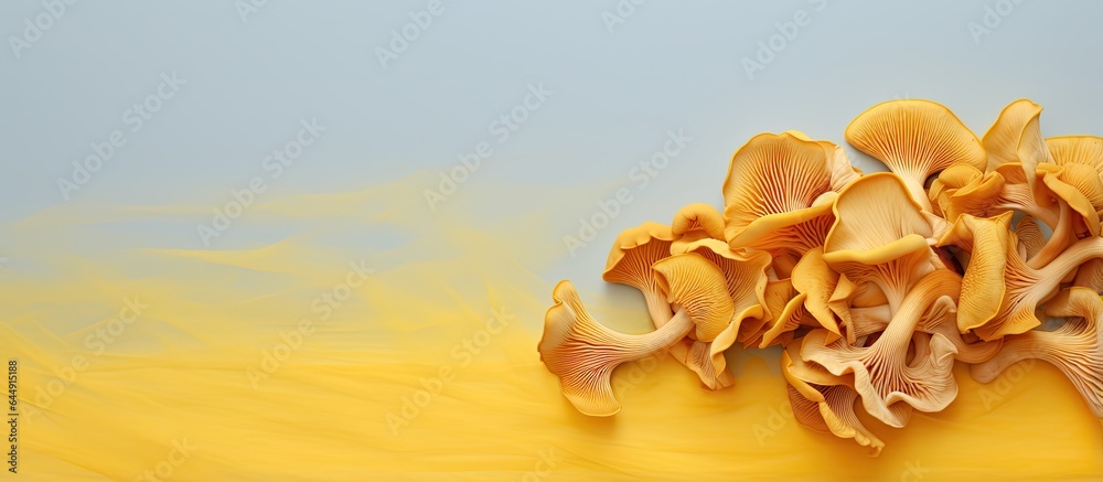 Aufkleber the fungus known as cantharellus cibarius grows on isolated pastel background copy space and is comm