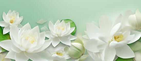 White lotus petals on a natural green lotus isolated pastel background Copy space